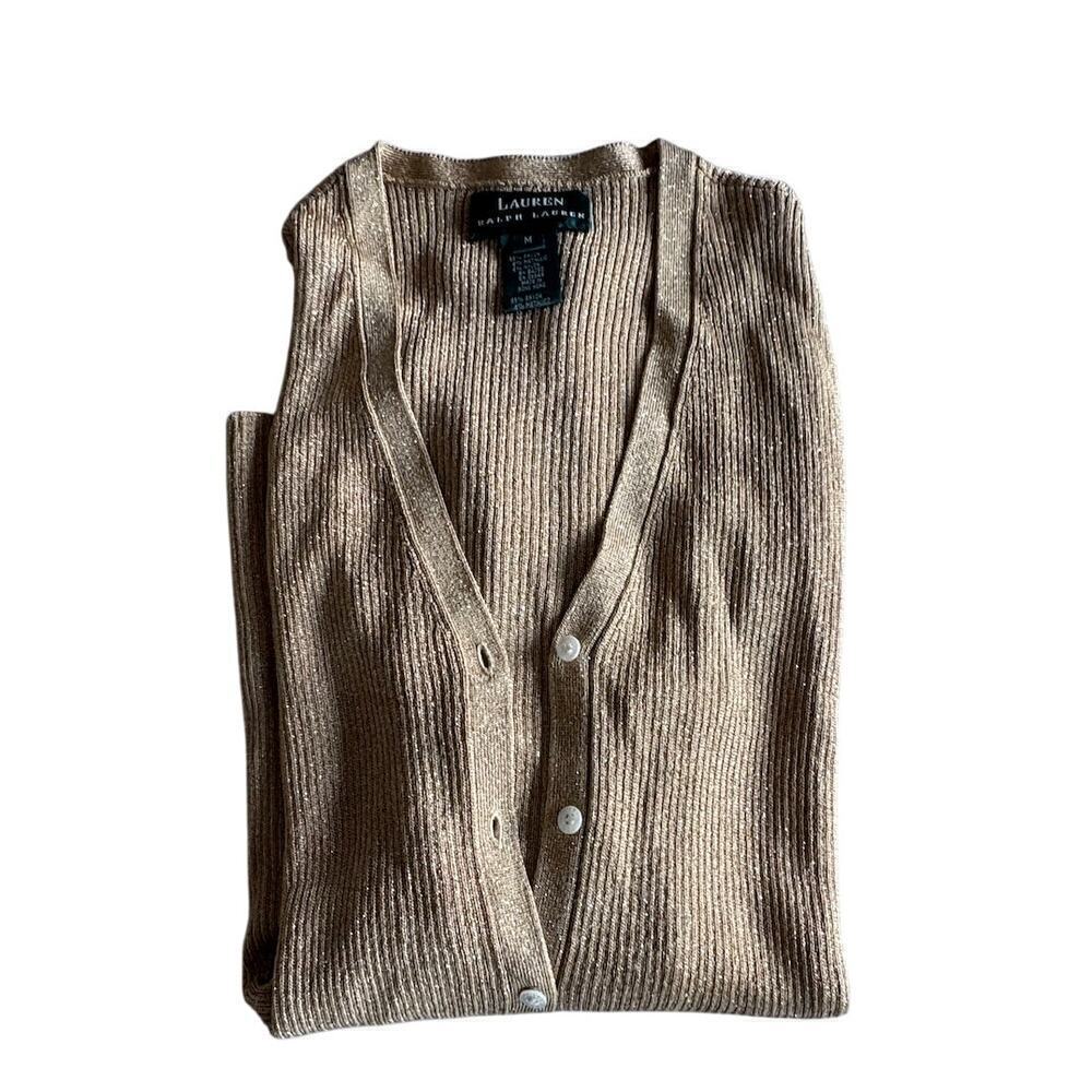 EUC Lauren Ralph Lauren Metallic Gold Ribbed Cardigan - Size M $150 - Picture 5 of 5